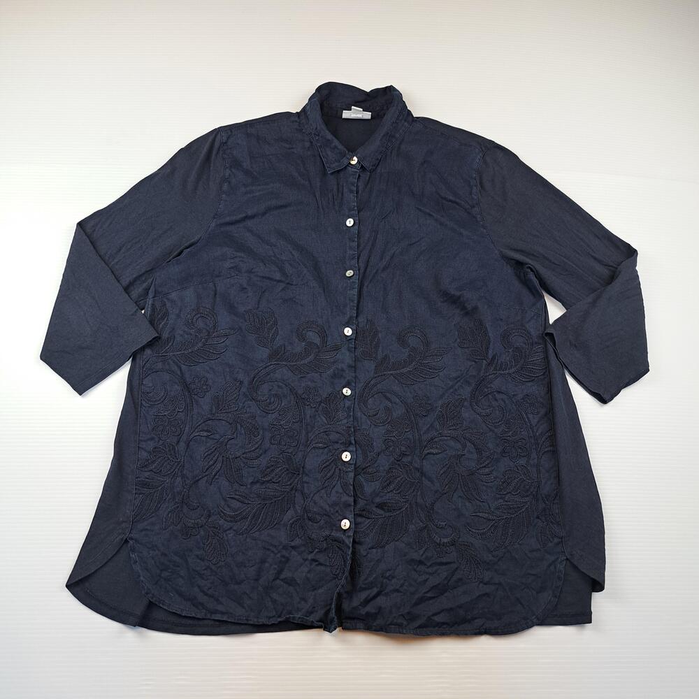 J Jill Shirt Womens Large Blue Embroidered Linen Button Tunic 3/4 Sleeve Top